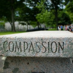 Compassion etched in a stone bench